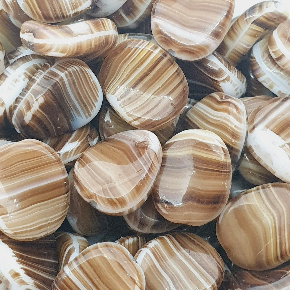 12x10mm Flat Twist (10) - Dark Brown/White Swirl - Vintage Czech Glass Beads