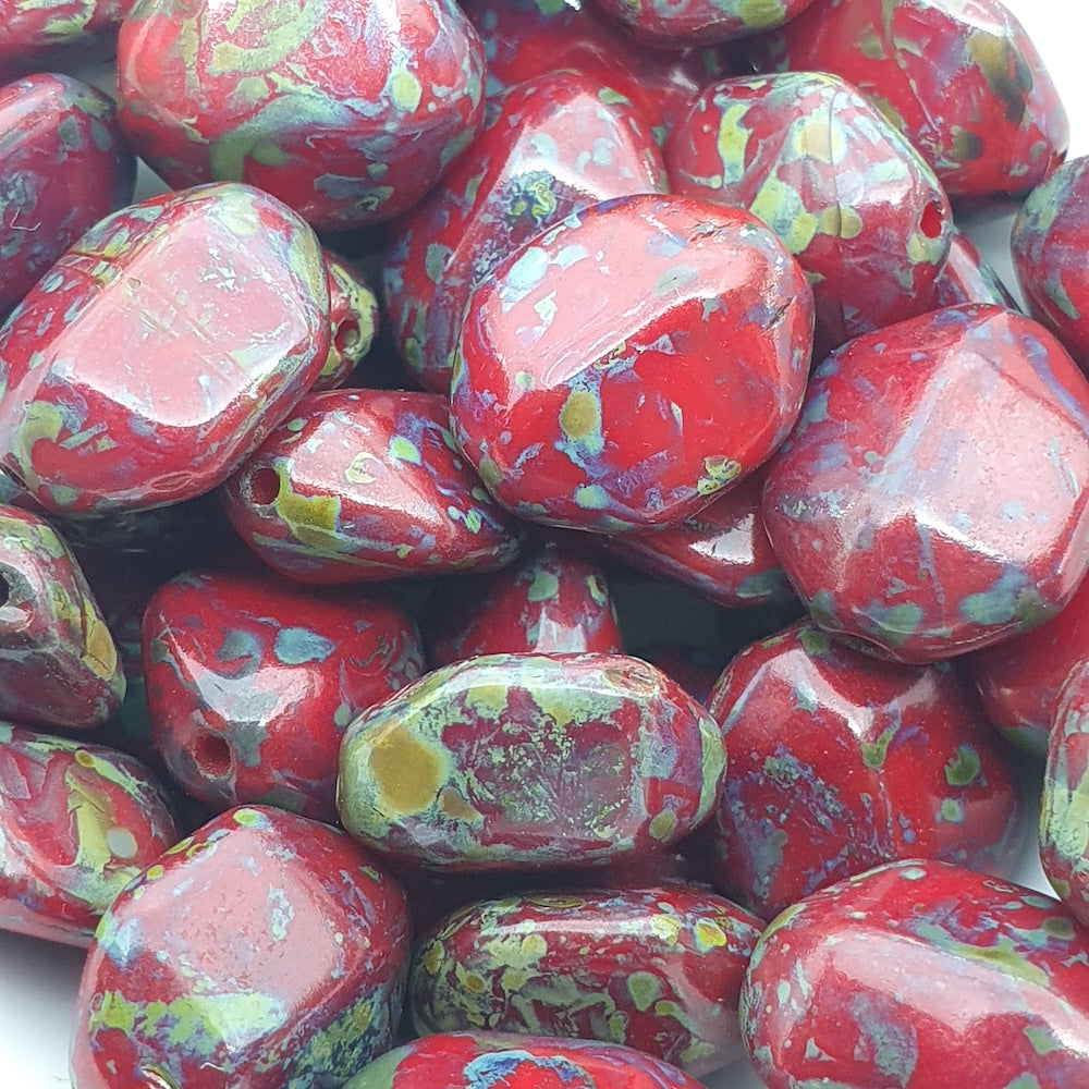 12x10mm Shield (10) - Red Opaque w. Green Picasso - Vintage Czech Glass Beads