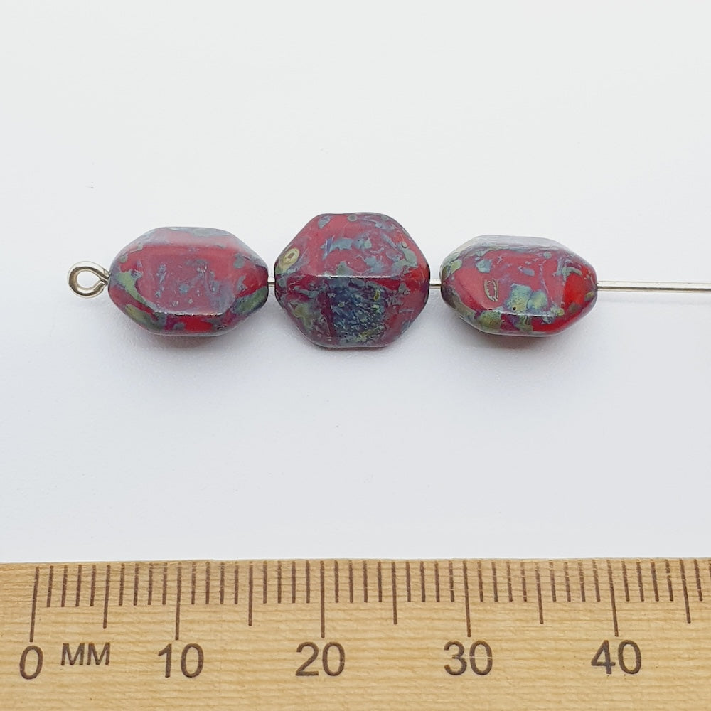 12x10mm Shield (10) - Red Opaque w. Green Picasso - Vintage Czech Glass Beads