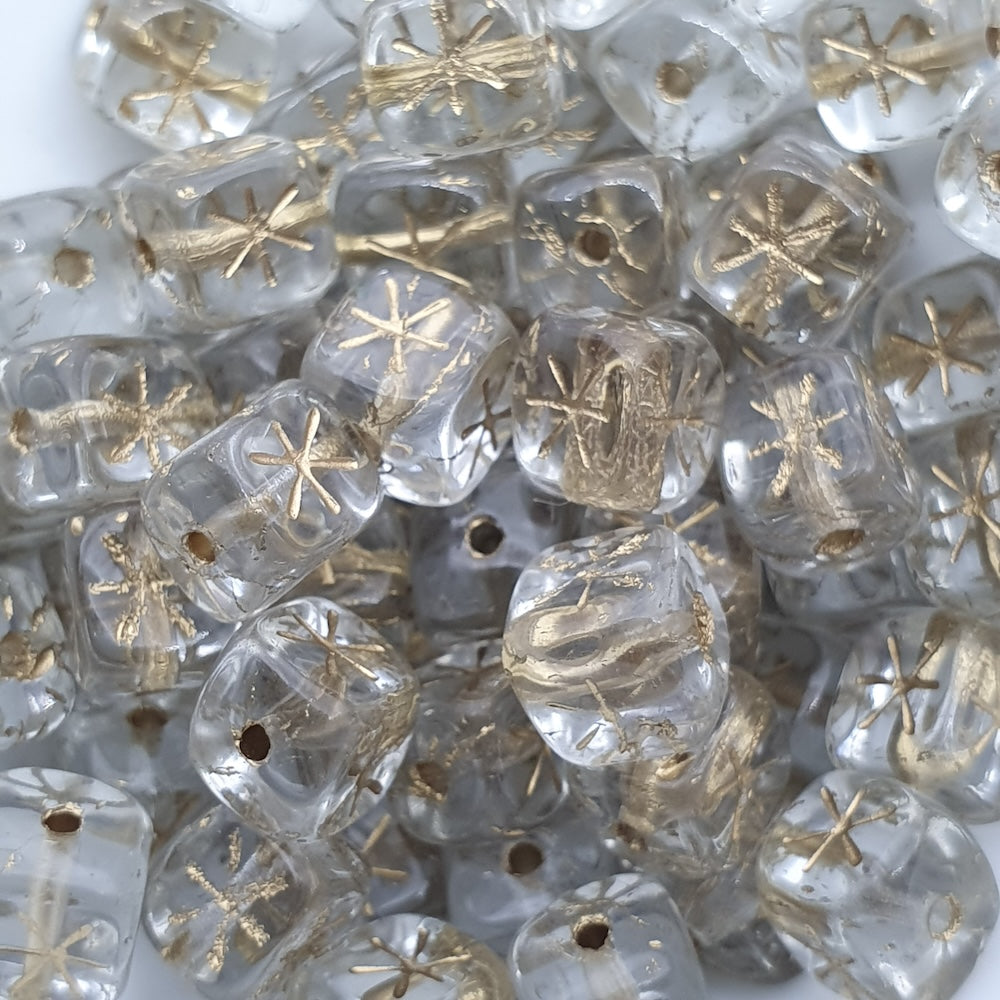 6mm Cube (25) - Clear Transparent w. Gold - Vintage Czech Glass Beads