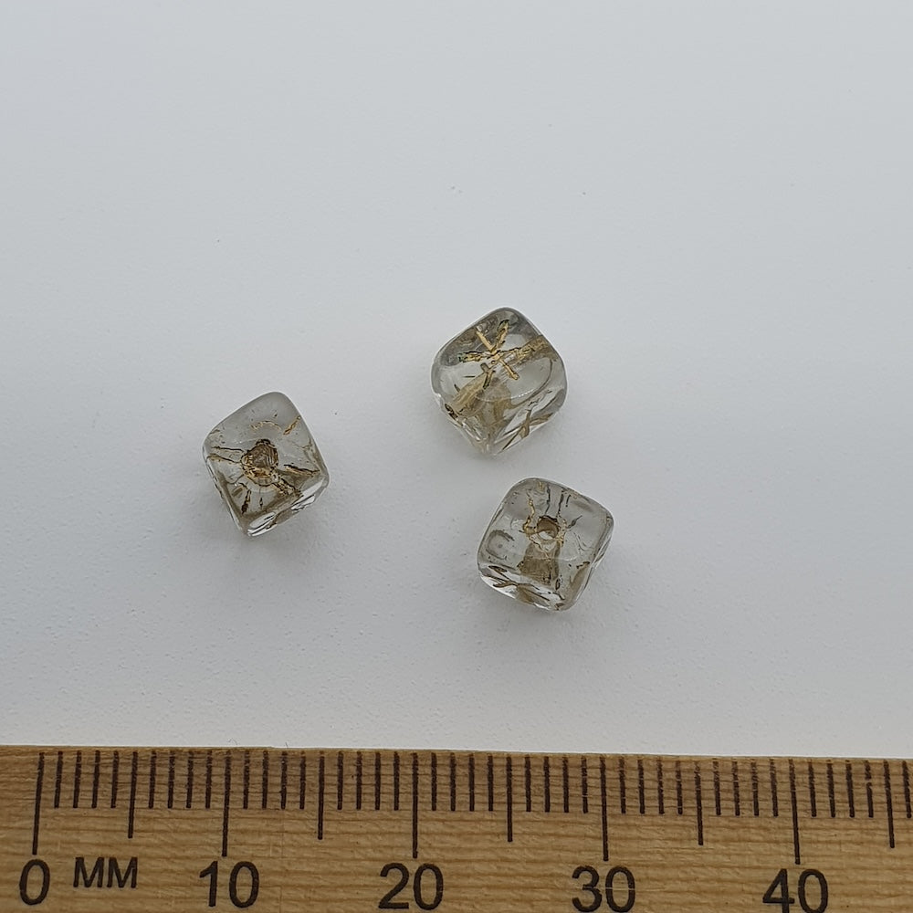 6mm Cube (25) - Clear Transparent w. Gold - Vintage Czech Glass Beads