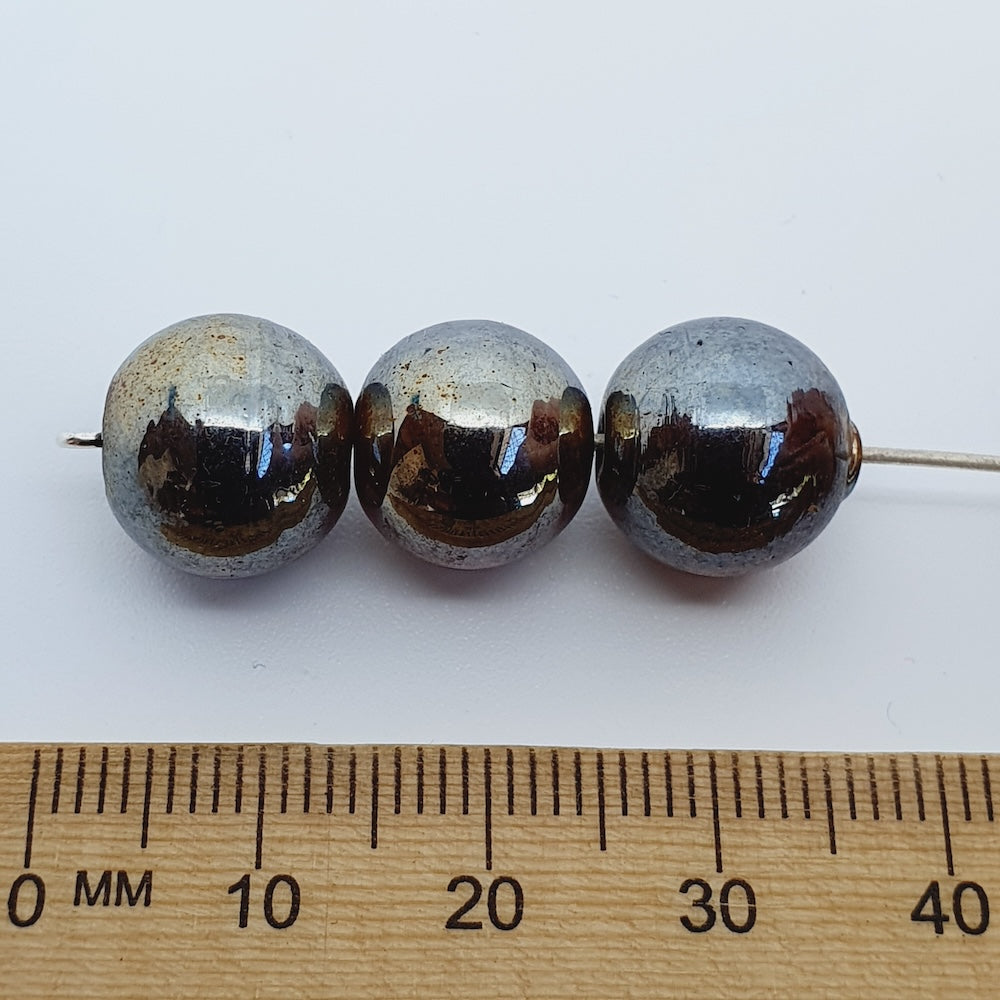 12mm Round (25) - Transparent Brown w. Gunmetal Lustre - Indian Glass Vintage Beads
