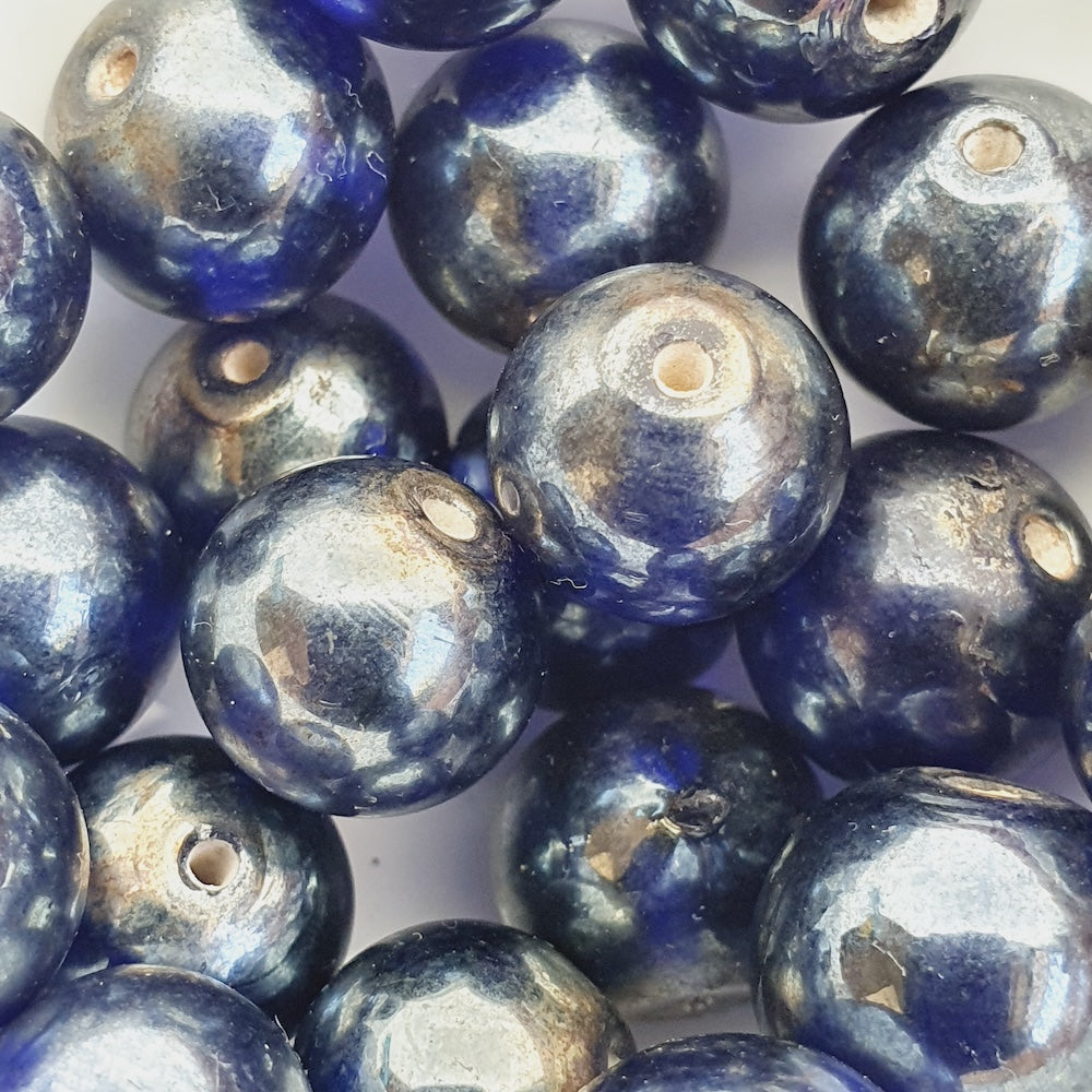 12mm Round (25) - Transparent Sapphire Blue w. Gunmetal Lustre - Indian Glass Vintage Beads