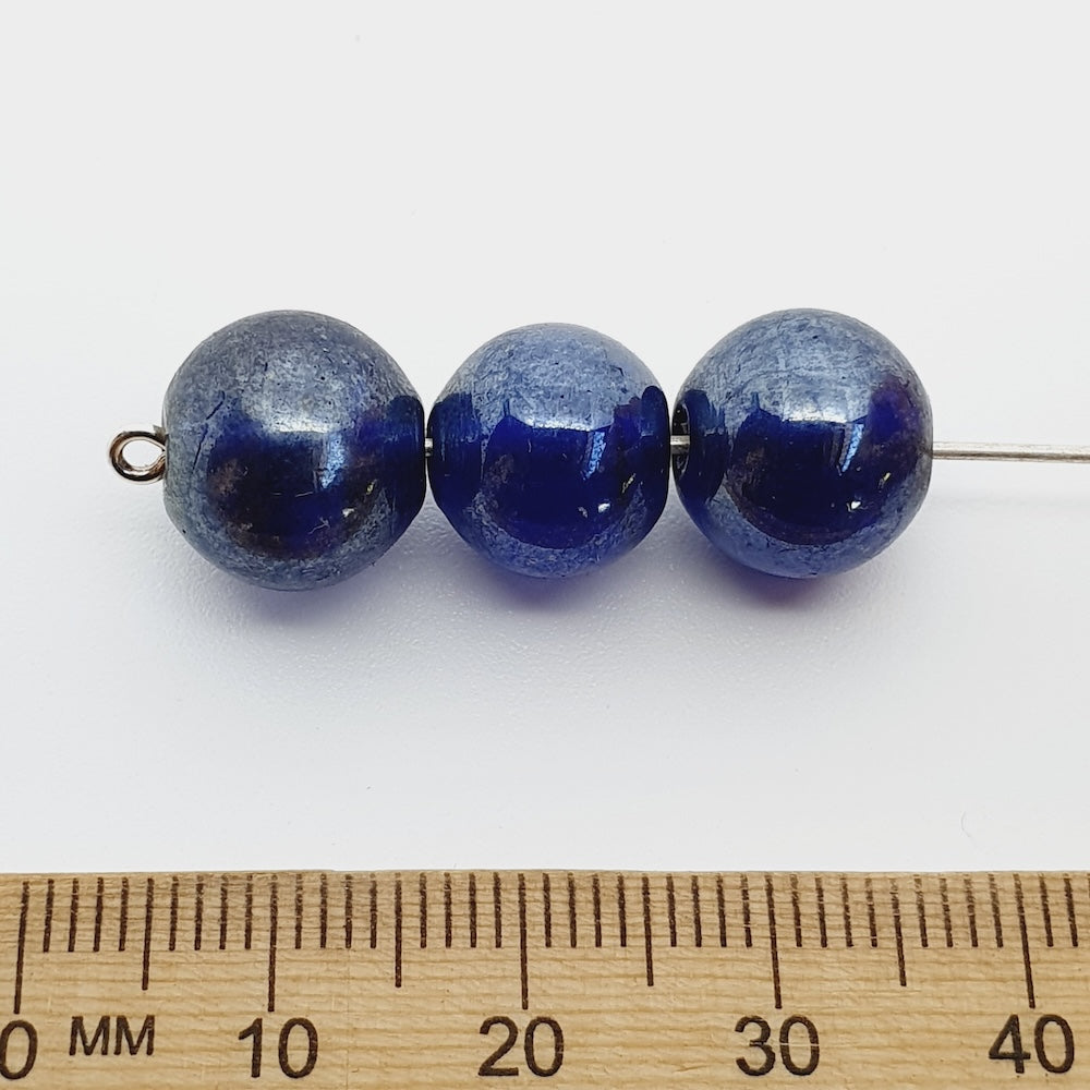 12mm Round (25) - Transparent Sapphire Blue w. Gunmetal Lustre - Indian Glass Vintage Beads