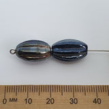 16x10mm Grooved Oval (25) - Opaque Black w. Gunmetal Lustre - Indian Glass Vintage Beads