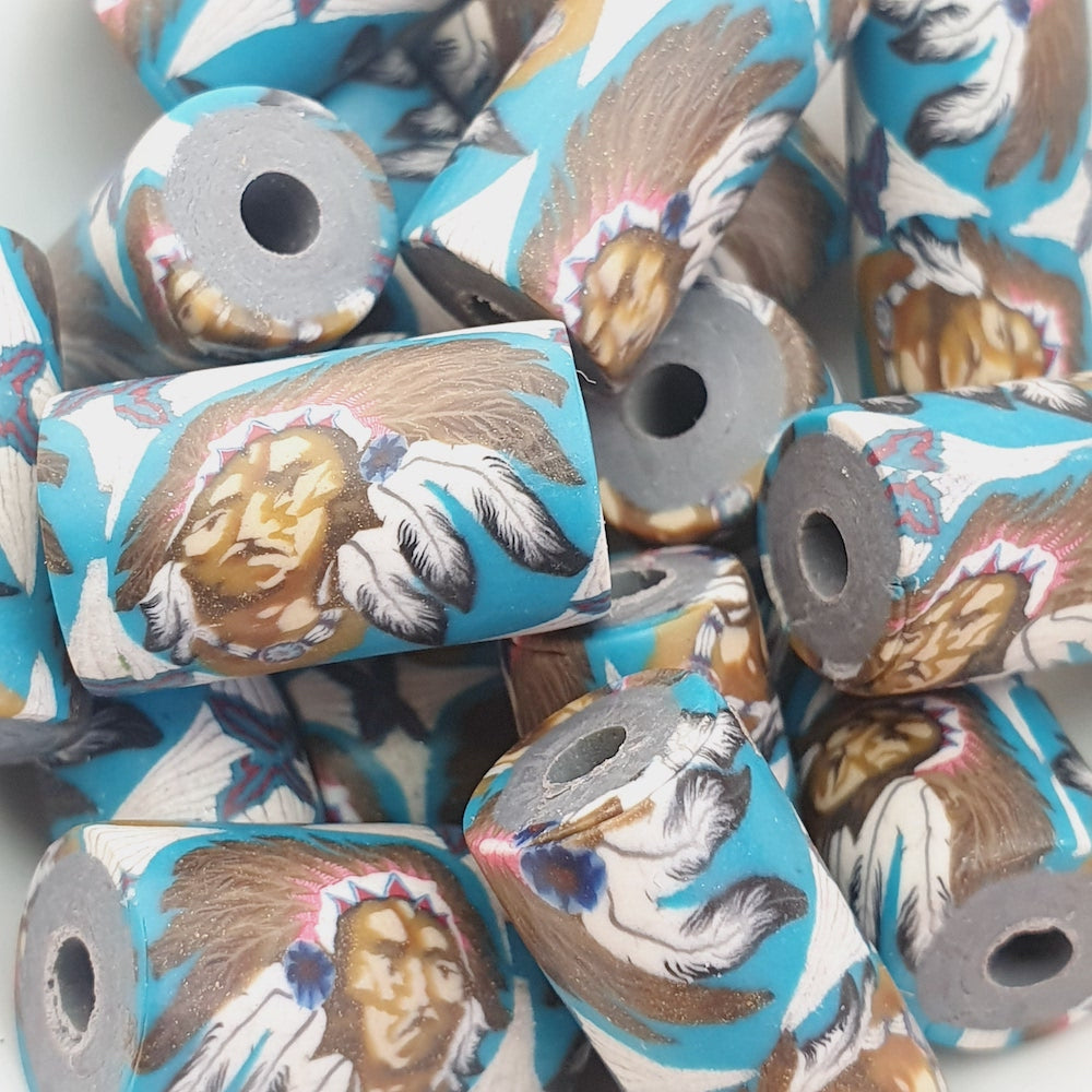 18mm Tube Fimo Beads (10) - Indian Face w. Head Dress