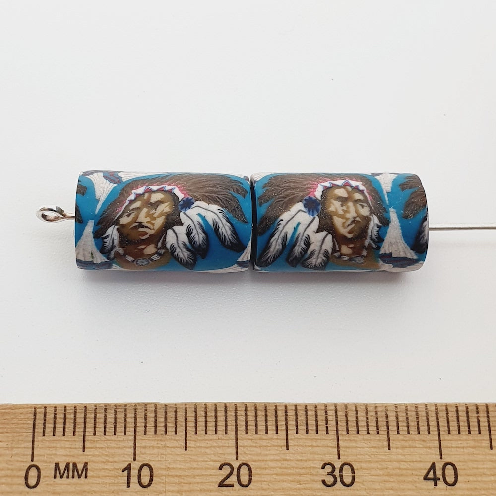 18mm Tube Fimo Beads (10) - Indian Face w. Head Dress