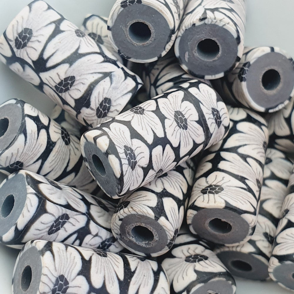 18mm Tube Fimo Beads (10) - White Flower on Black