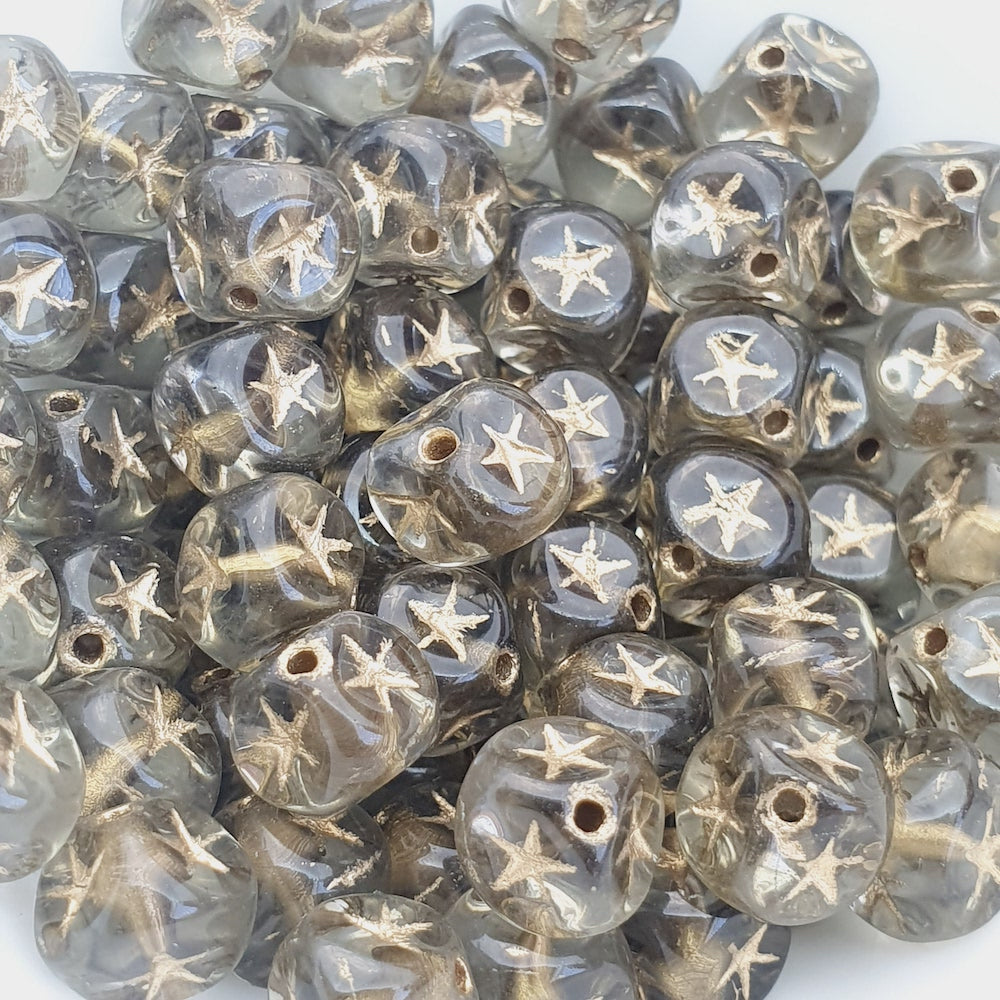 6mm Cube (25) - Grey Transparent w. Gold - Vintage Czech Glass Beads