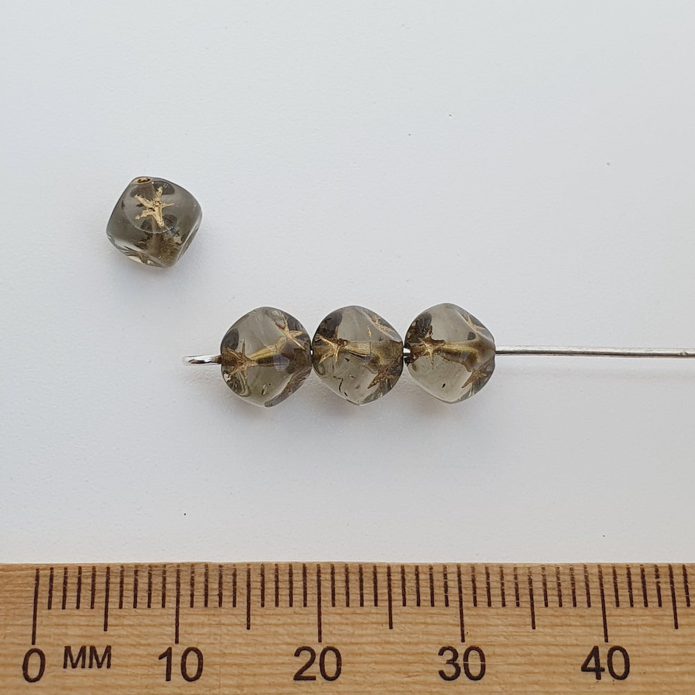 6mm Cube (25) - Grey Transparent w. Gold - Vintage Czech Glass Beads