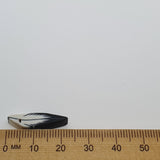 Small black and white feather bead next to a wooden ruler on a white background