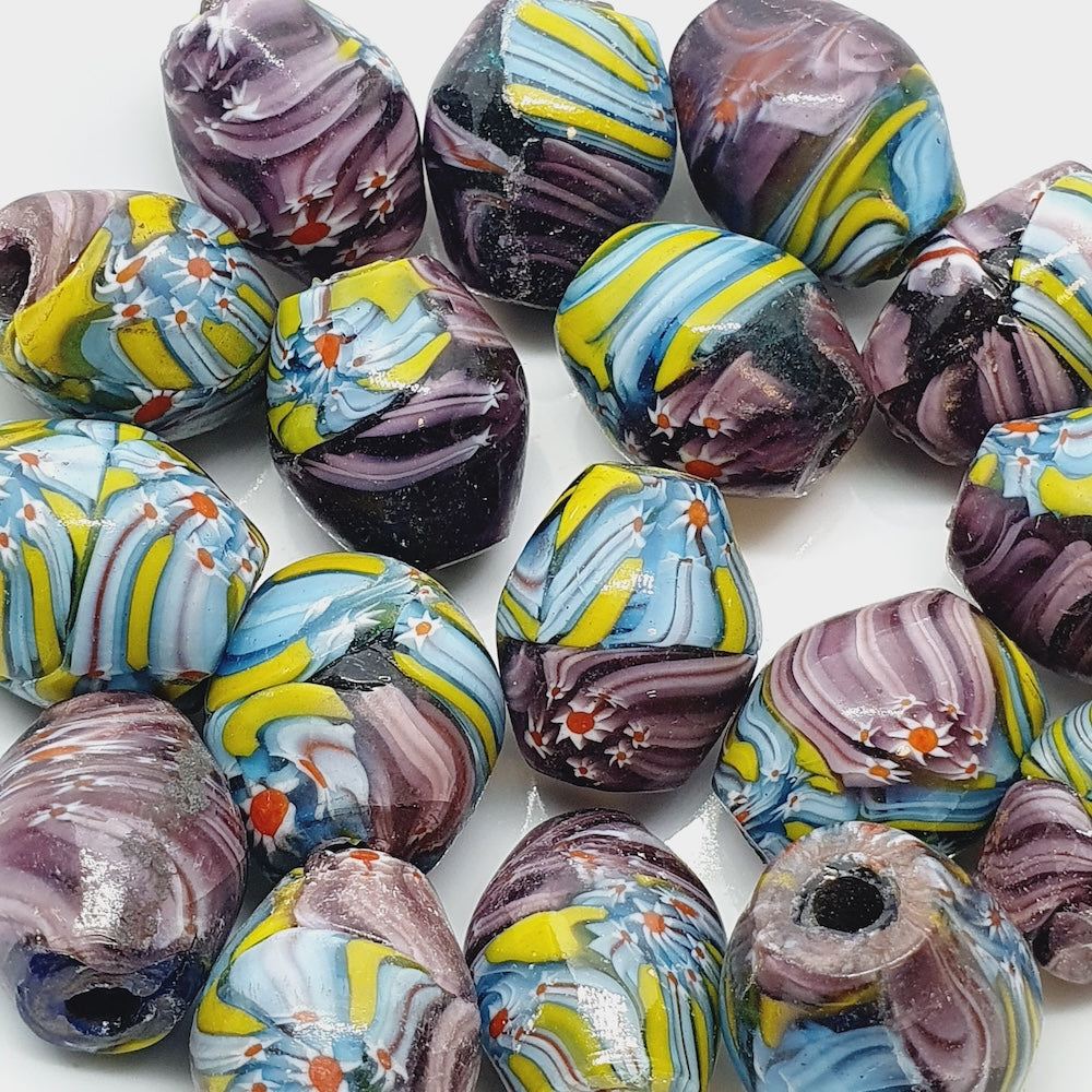 18mm Oval (5) - Purple Millefiori (Furnace-Wound) - Glass Vintage Replica Trade Beads