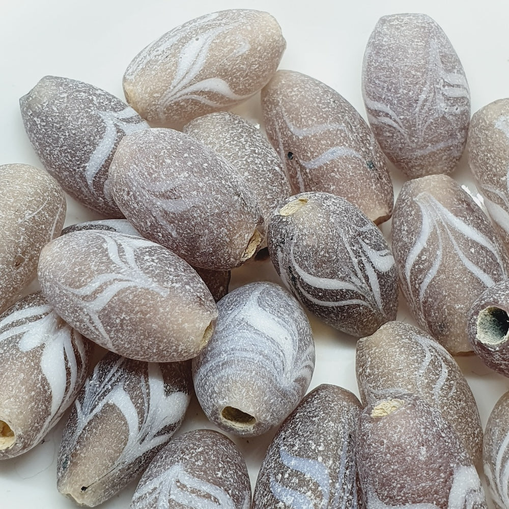 20x12mm Oval (5) - Sand Blasted Brown w White - Glass Vintage Replica Trade Beads
