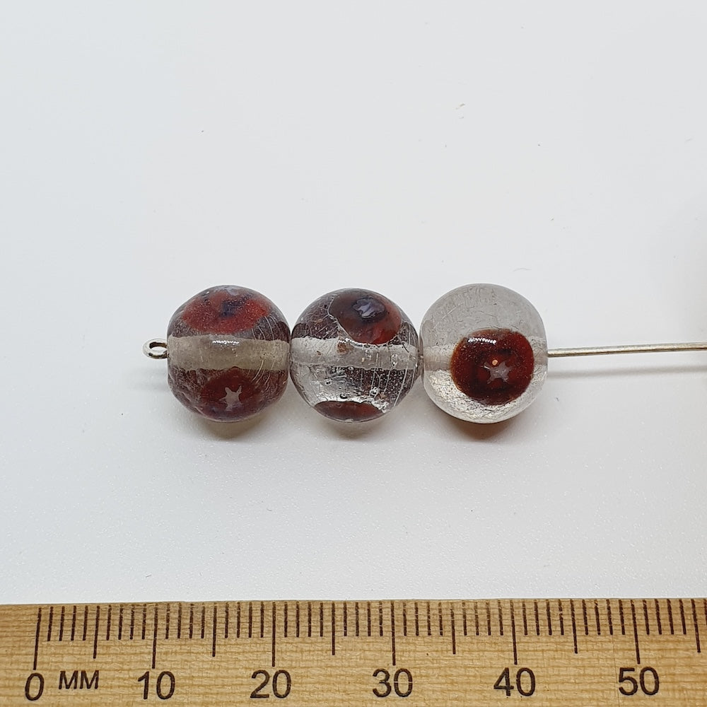 10x11mm Round (10) - Clear w. Red Crumb - Glass Vintage Replica Trade Beads