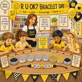 Illustrated scene of a group of children and a woman making beaded bracelets at a table, with large signs reading 'RU OK? Bracelet Day' and product labels for elastic, red, yellow, and black beads. This is not a clean product shot and not a real photographed environment; it functions as a promotional/educational graphic, so subject_type is best classified as Other rather than Lifestyle or Product/Packaging.