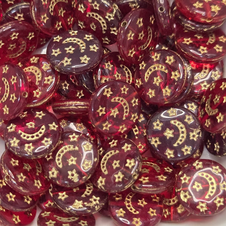 Red and gold decorative items with star and crescent moon patterns.