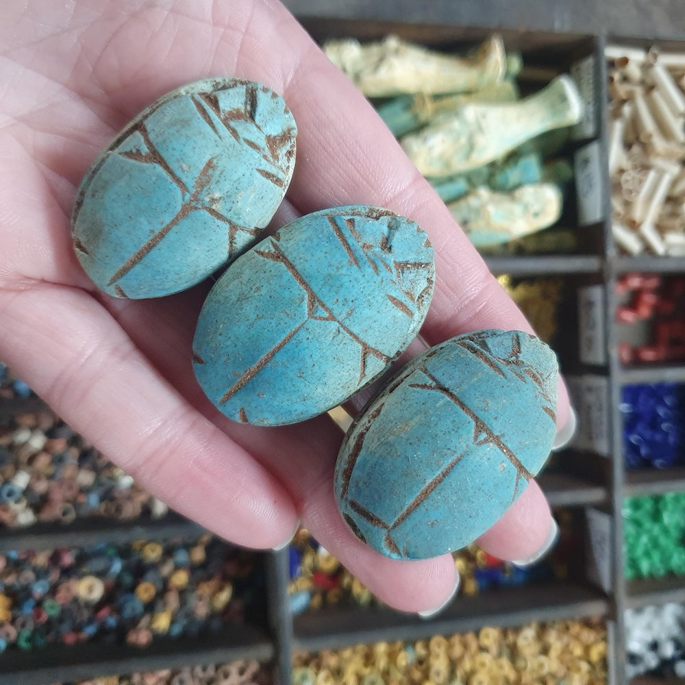 Turquoise scarab stone with carving held in a hand, with a display of similar stones in the background.