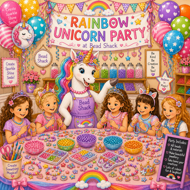 A colorful illustrated scene of a unicorn-themed 'Rainbow Unicorn Party at Bead Shack,' with a unicorn mascot, four young girls, balloons, jars of beads, and craft supplies on a table.