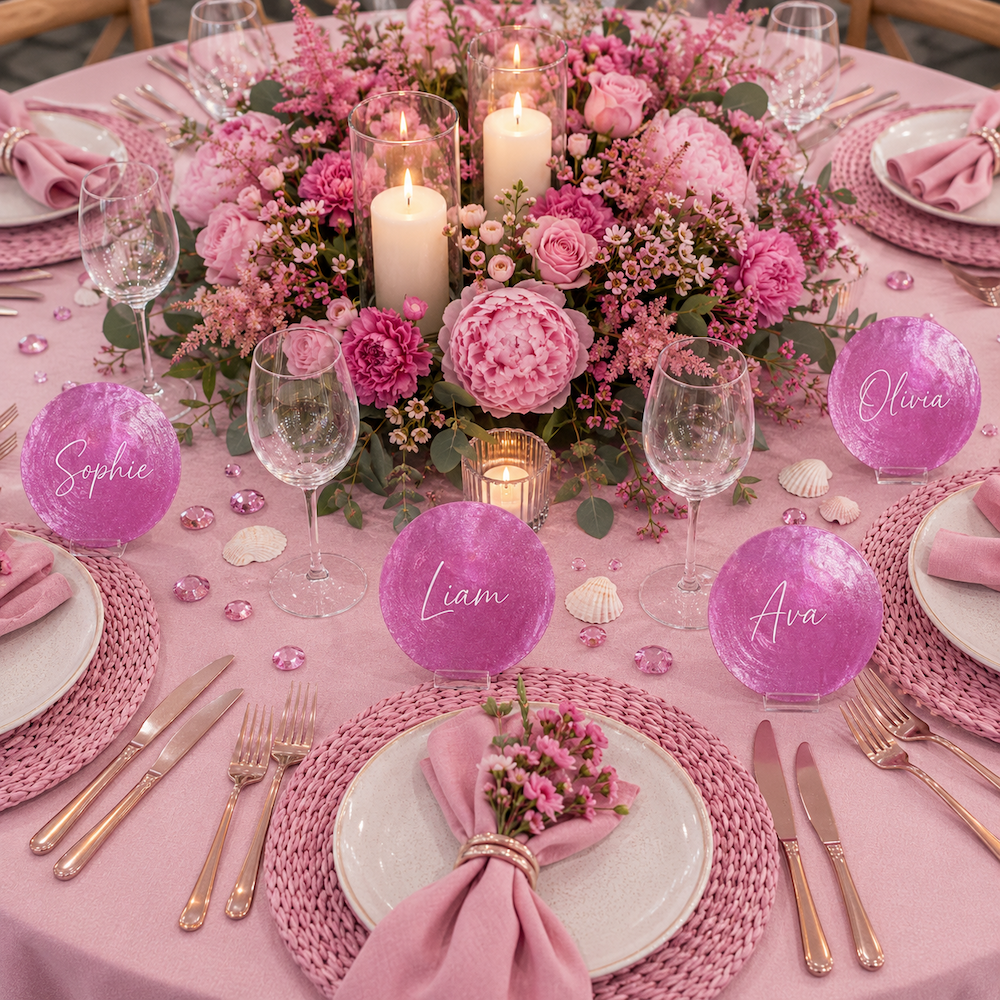 A beautifully arranged wedding table setting with a pink floral centerpiece, pink plates, pink napkins, pink woven placemats, and round pink shell place cards with personalized names: Sophie, Liam, Ava, and Olivia.