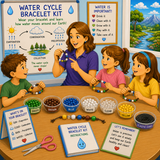 A colorful children's water cycle bracelet kit displayed on a table with an adult and three children. The kit includes beads in green, brown, blue, white, and yellow, elastic cord, scissors, an instruction booklet, and educational posters explaining the water cycle.