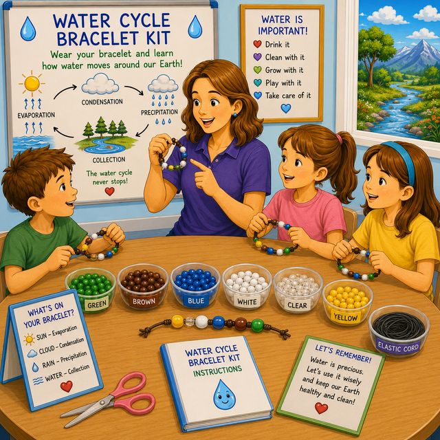 A colorful children's water cycle bracelet kit displayed on a table with an adult and three children. The kit includes beads in green, brown, blue, white, and yellow, elastic cord, scissors, an instruction booklet, and educational posters explaining the water cycle.