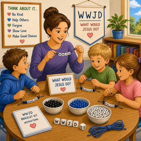A group crafting scene showing an adult and three children making WWJD bracelet beads at a wooden table, with instruction sheets, bowls of beads, and a 'What Would Jesus Do?' banner on the wall. An easy way to start a conversation on the subject of What Would Jesus Do?