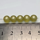 Five pale yellow beads lined up on a ruler for size reference