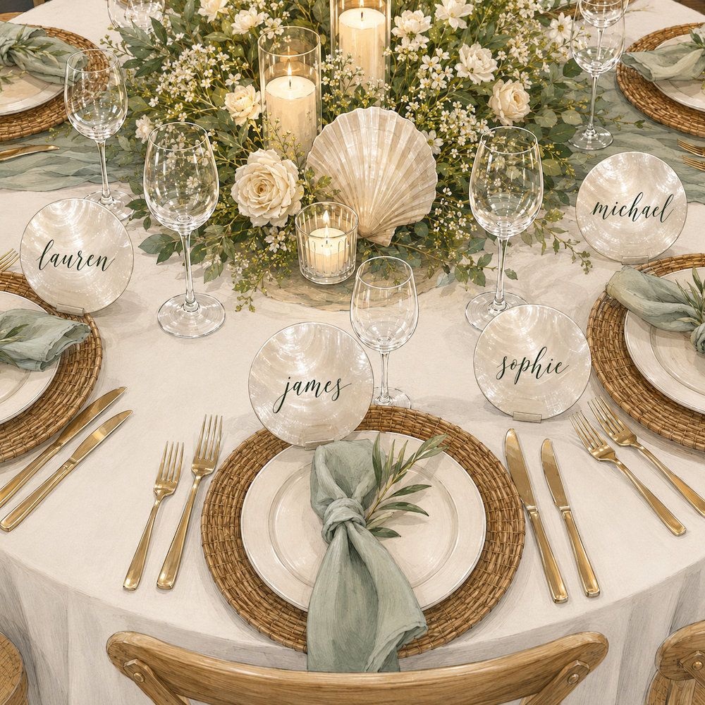 A beautifully styled wedding table setting with round white shell name cards displaying names like lauren, michael, james, and sophie, arranged on a white tablecloth with woven placemats, gold flatware, green napkins, and floral centerpieces.