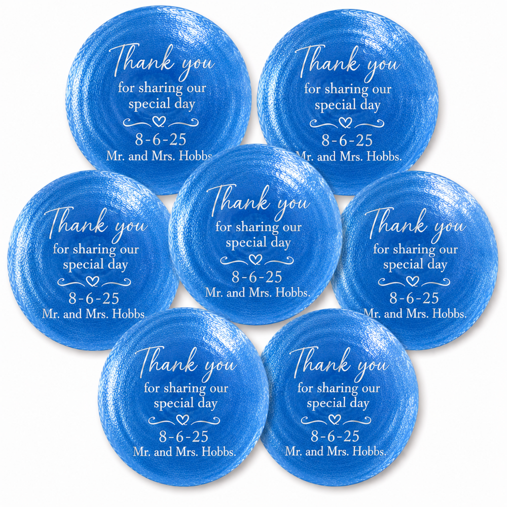 seven round blue watercolor-turquoise wedding party favors  with white printed text reading 'Thank you for sharing our special day 8-6-25 Mr. and Mrs.