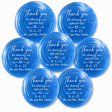 seven round blue watercolor-turquoise wedding party favors  with white printed text reading 'Thank you for sharing our special day 8-6-25 Mr. and Mrs.