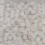 Close-up of translucent white beads on a white background
