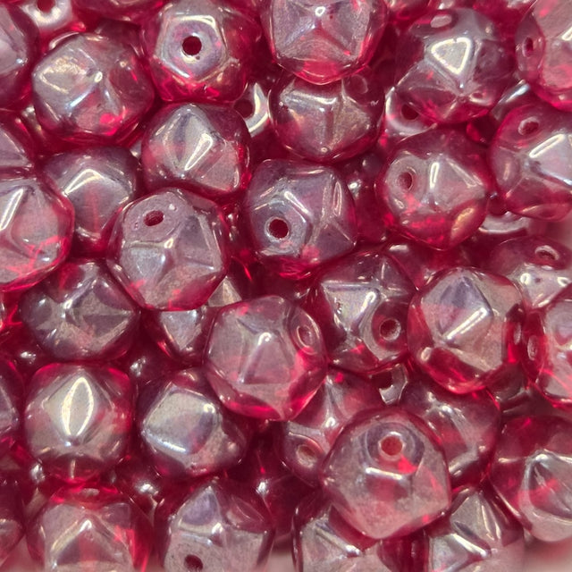 Close-up of red and clear faceted beads