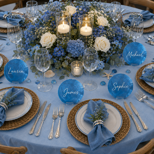 A styled wedding table setting with a light blue tablecloth, blue and white floral centerpiece, clear glass candle holders, place settings with woven placemats, blue napkins, and round blue name cards on a round table.
