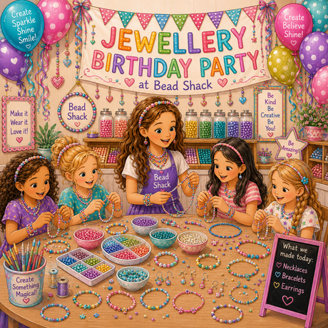 A colorful illustration of a children's birthday party at Bead Shack, with four girls making beaded necklaces and bracelets around a table filled with beads. The background features a decorated shop interior with shelves of colorful beads, balloons, and a large banner reading 'Jewellery Birthday Party at Bead Shack'.