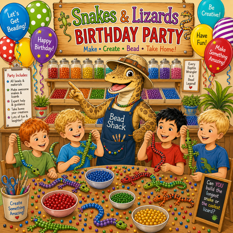 A colorful illustrated scene for a 'Snakes & Lizards Birthday Party' at Bead Shack, showing a group of children making toy snakes and lizards. Balloons, signs, and shelves of bead jars fill the background.