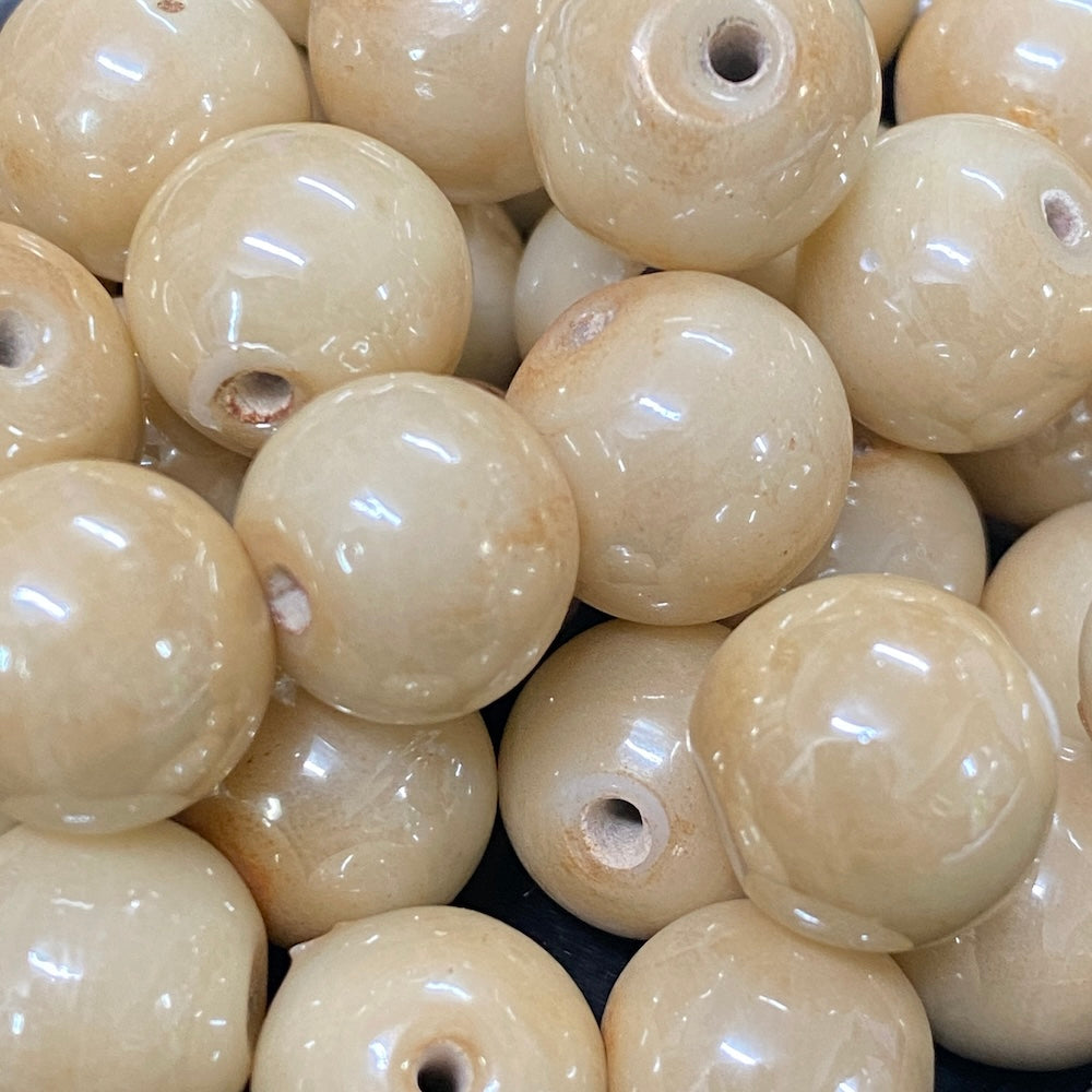 12mm Round (25) - Opaque Dark Cream Lustre - Indian Glass Vintage Beads