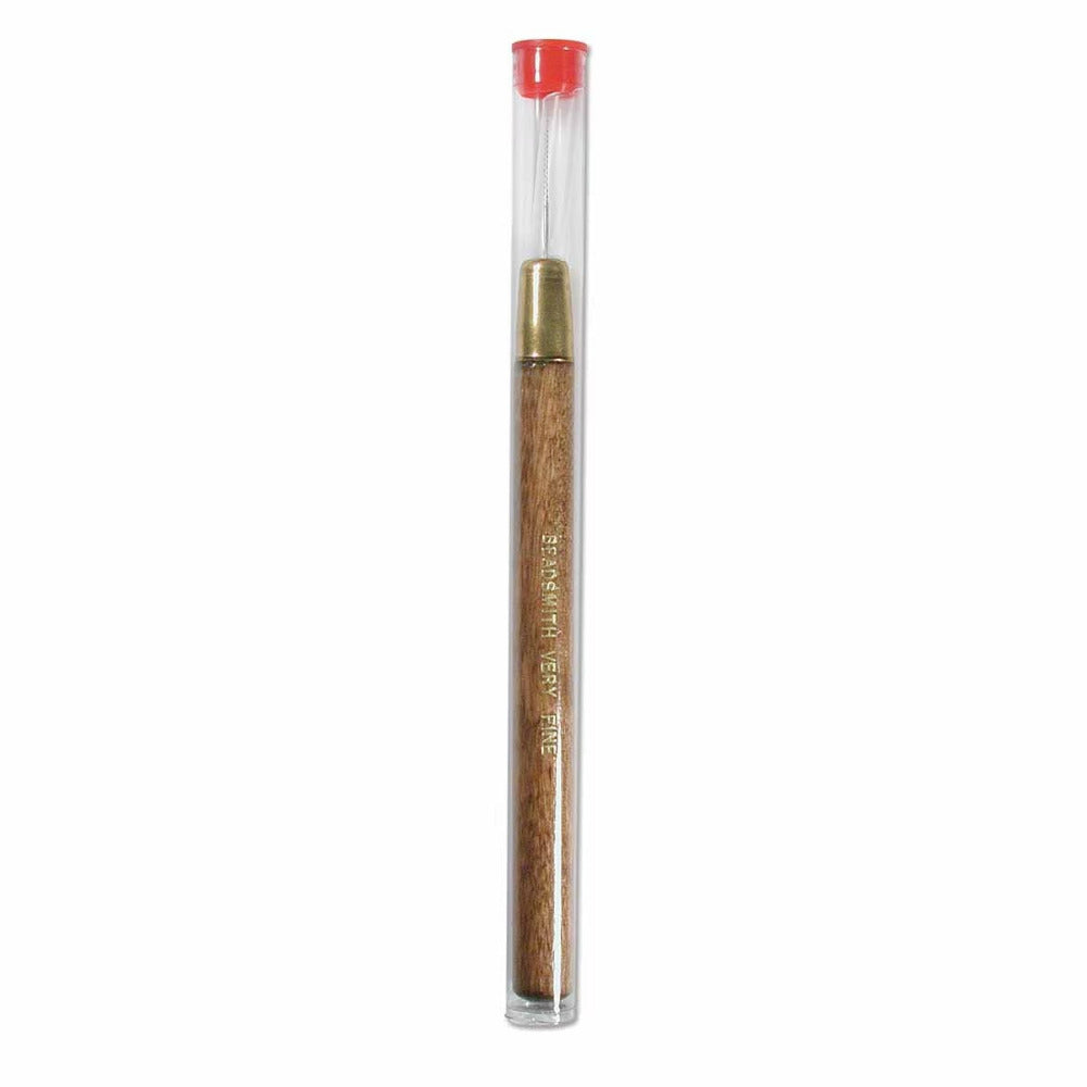 Wooden handled fine bead reeamer  in a clear cylindrical holder on a white background