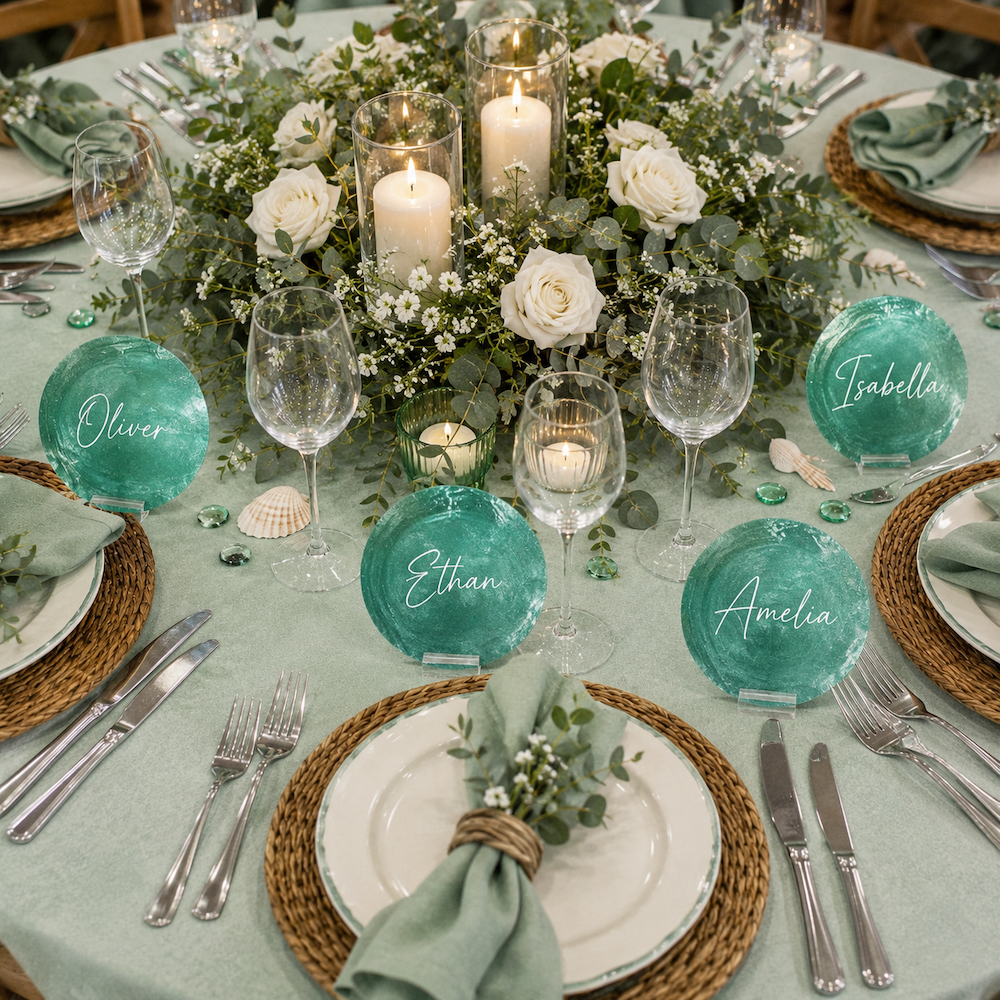A beautifully styled round dining table set for six, featuring a sage green tablecloth, woven placemats, white plates, silver cutlery, clear wine glasses, and personalized round shell name cards with white script names: Oliver, Ethan, Amelia, and Isabella. The center is decorated with a lush floral arrangement of white roses, green foliage, and lit pillar candles.