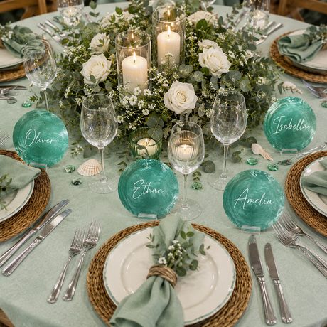 A beautifully styled round dining table set for six, featuring a sage green tablecloth, woven placemats, white plates, silver cutlery, clear wine glasses, and personalized round shell name cards with white script names: Oliver, Ethan, Amelia, and Isabella. The center is decorated with a lush floral arrangement of white roses, green foliage, and lit pillar candles.