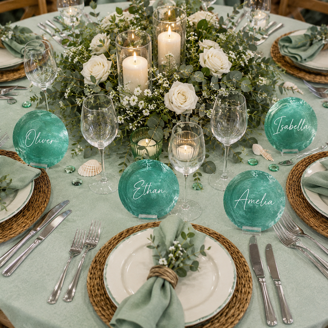 A beautifully styled round dining table set for six, featuring a sage green tablecloth, woven placemats, white plates, silver cutlery, clear wine glasses, and personalized round shell name cards with white script names: Oliver, Ethan, Amelia, and Isabella. The center is decorated with a lush floral arrangement of white roses, green foliage, and lit pillar candles.