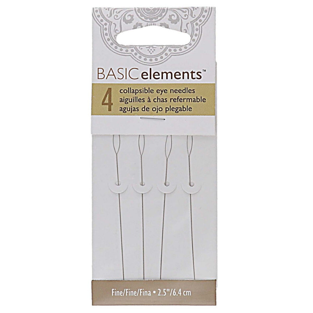 Packaging of collapsible eye needles with 'Basic Elements' branding on a white background