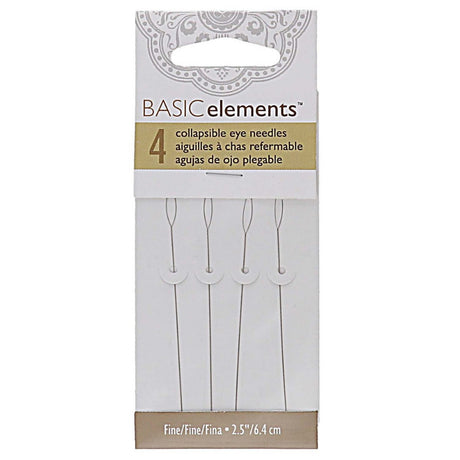Packaging of collapsible eye needles with 'Basic Elements' branding on a white background
