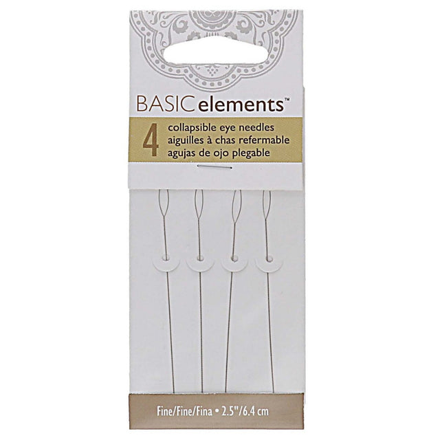 Packaging of collapsible eye needles with 'Basic Elements' branding on a white background