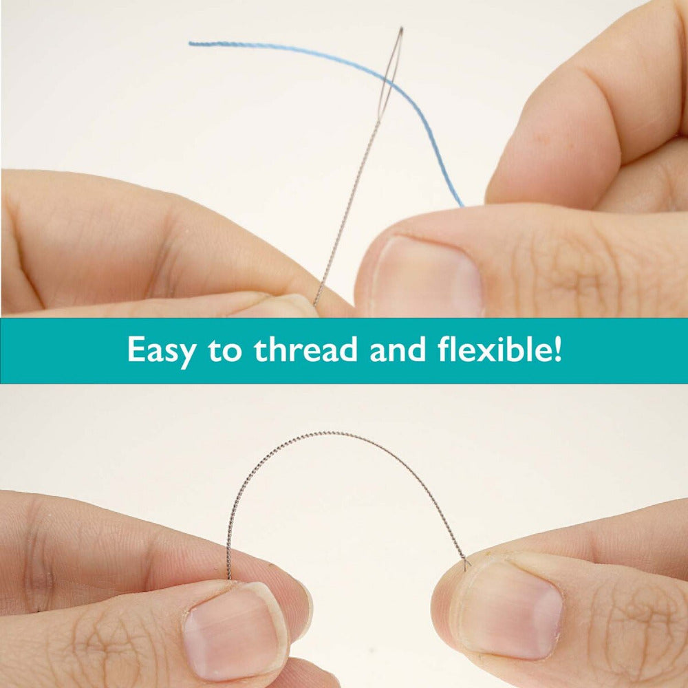 Hands holding a flexible wire with text 'Easy to thread and flexible!' on a white background