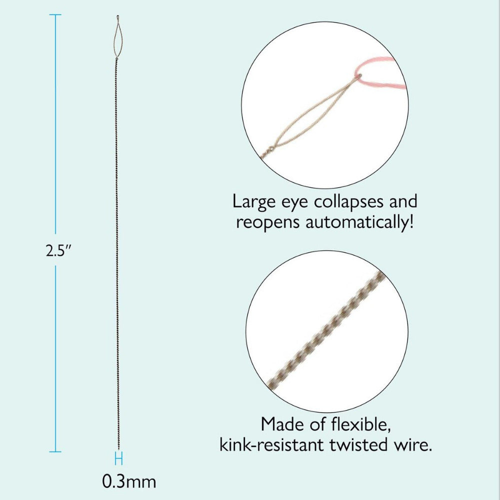 Illustration of a flexible needle with measurements and text on a light blue background