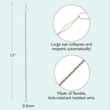 Illustration of a flexible needle with measurements and text on a light blue background