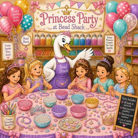 A colorful illustrated scene of a 'Princess Party at Bead Shack' with a white goose in a purple apron, young princess girls wearing tiaras, and shelves of bead jars and bracelets. The image has a playful, fairytale-like aesthetic with pink, purple, and gold tones.
