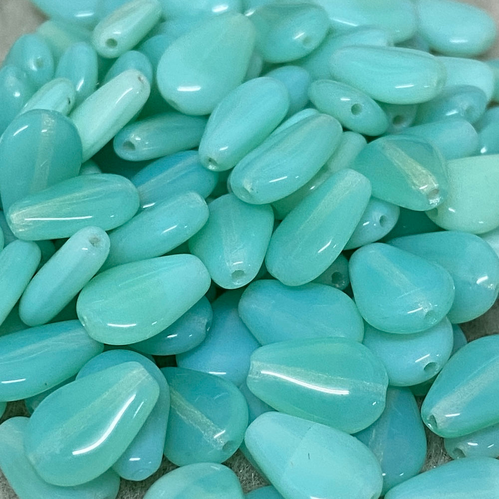 10x8mm Teardrop (25) - Milky Green - Vintage Czech Vaseline Glass Beads - Bead Shack
