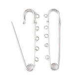 A 75mm long silver-colored kilt pin with multiple loops and a hole at the top for attaching beads or fabric.