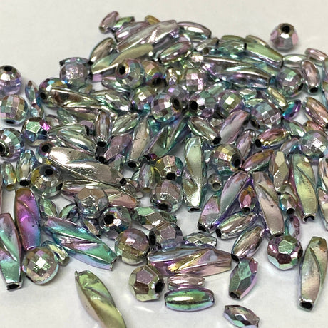 A collection of pastel rainbow-colored acrylic beads with a shiny finish, mixed shapes, and approximately 140 in quantity.